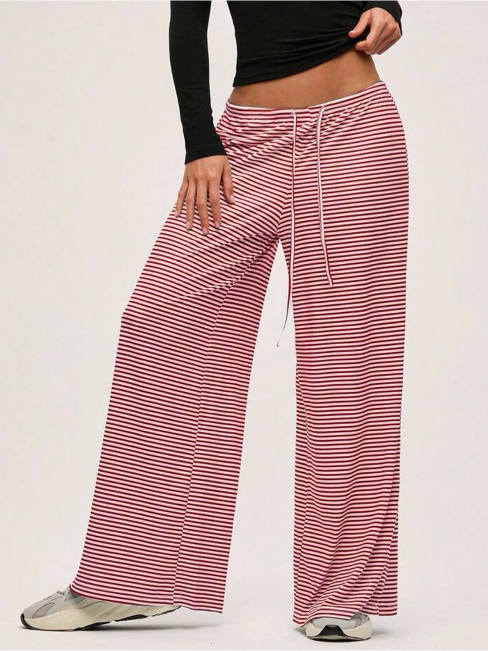 Casual Knitted Stripe Low Waist Loose Wide Leg (red & white stripe) small